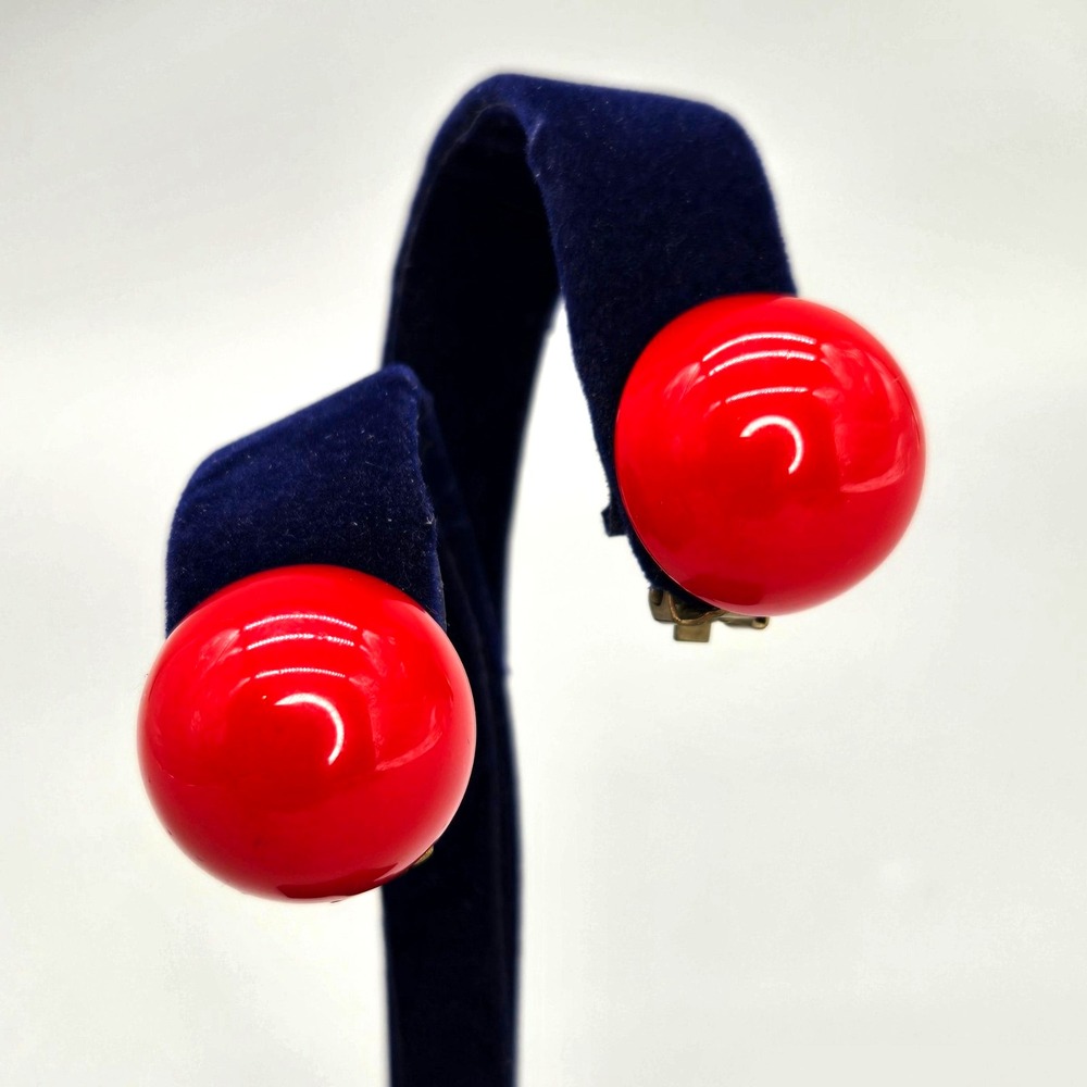 Vintage Bright Red Clip On Earrings Round Statement Retro Costume Jewelry 1"